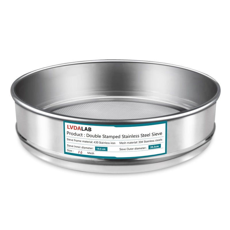 LVDALAB 304 Stainless Steel Mesh Lab Sieve, 16 Mesh(1.18mm) Aperture Test Sieve, 7.9Inch(20cm) Diameter Economy Standard Analysis Sample Test Sieves for Industrial Laboratory Homes - Image 1